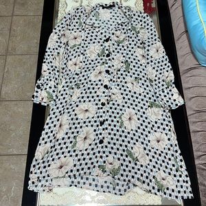 Zara long-sleeved button down tie neck dress with floral print